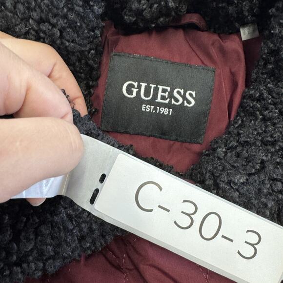 Guess Jacket Womens Small Burgundy Quilted Sherpa Collar Moto Asym Gold Zips - Picture 3 of 9